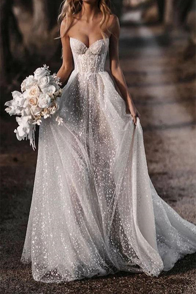 Luolandi Shiny Glitter Vintage Wedding Dresses A Line Sweetheart Elegant Bride Dress Sexy