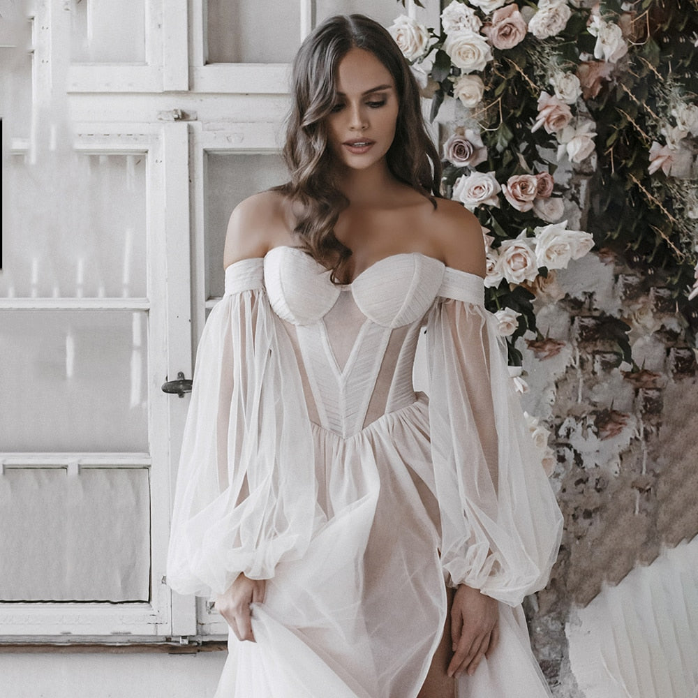 Luolandi Off Shoulders Sweetheart Wedding Dresses A Line Tulle With Puff Sleeves Sexy