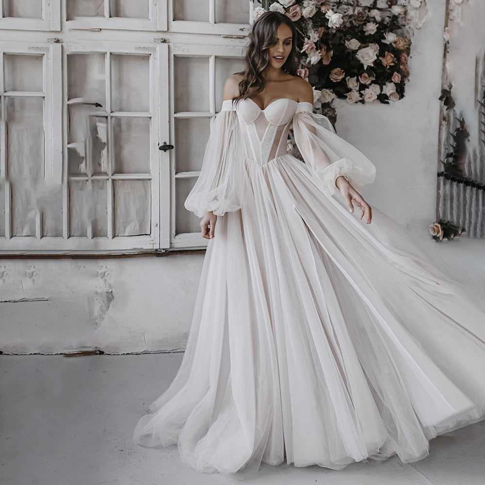 Luolandi Off Shoulders Sweetheart Wedding Dresses A Line Tulle With Puff Sleeves Sexy