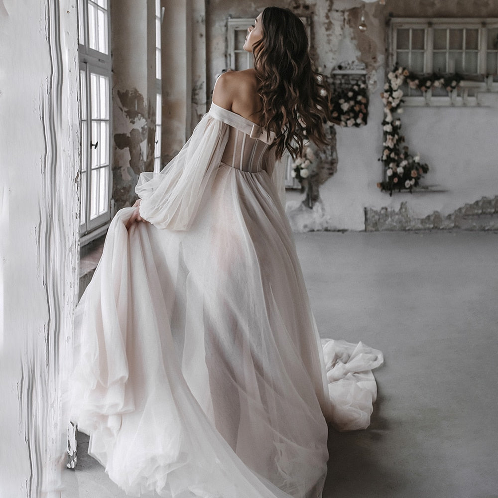 Luolandi Off Shoulders Sweetheart Wedding Dresses A Line Tulle With Puff Sleeves Sexy