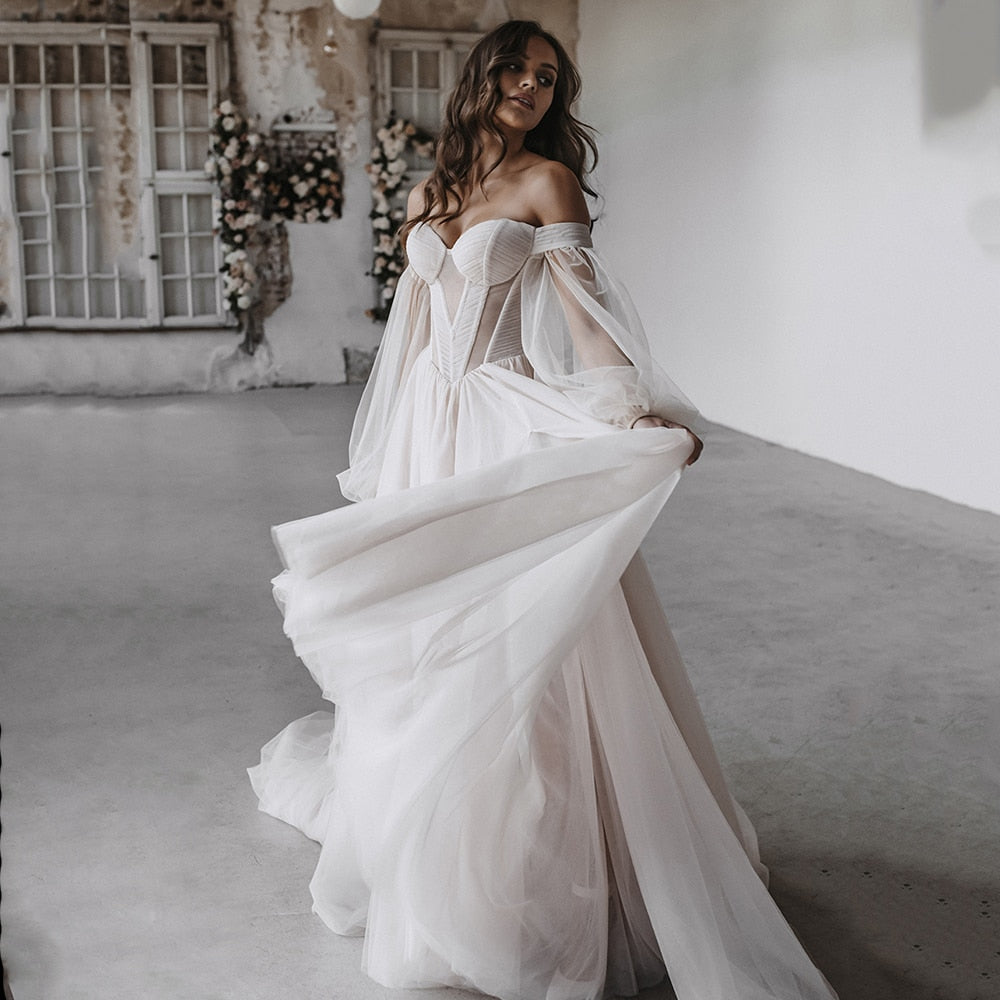 Luolandi Off Shoulders Sweetheart Wedding Dresses A Line Tulle With Puff Sleeves Sexy
