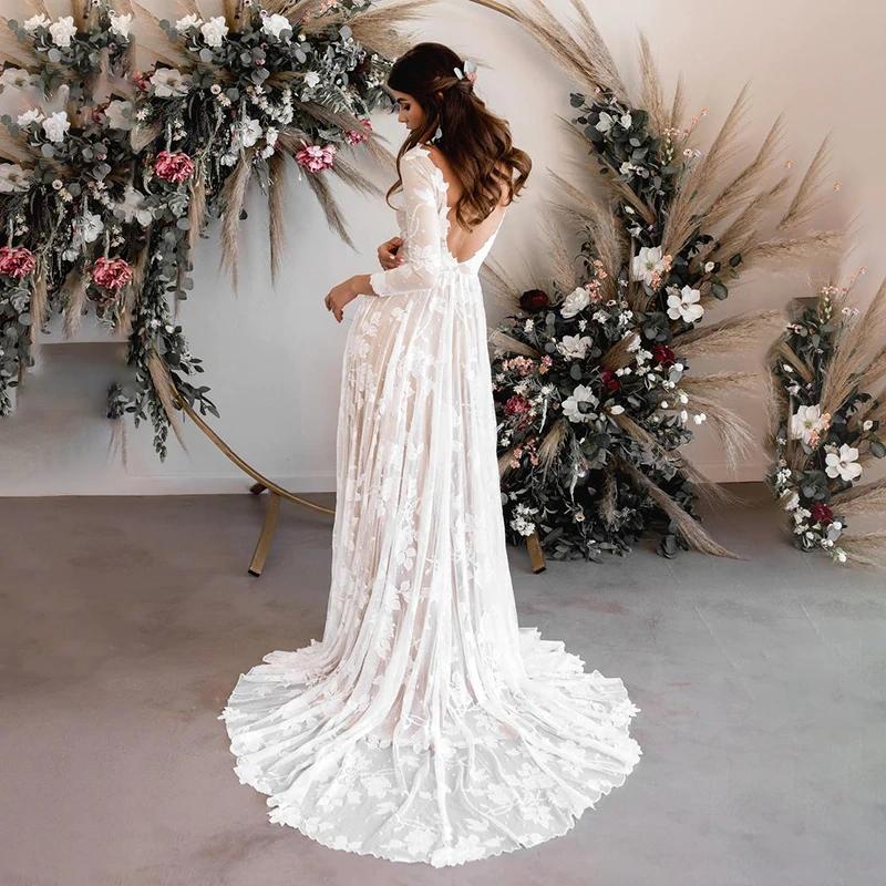 Luolandi Vintage Lace A Line 3/4 Sleeves Wedding Dresses Elegant Backless Boho Bride Dress Beautiful