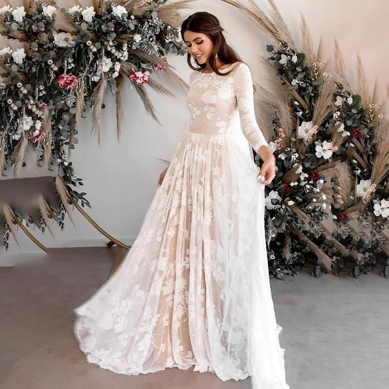 Luolandi Vintage Lace A Line 3/4 Sleeves Wedding Dresses Elegant Backless Boho Bride Dress Beautiful