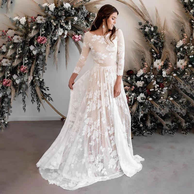 Luolandi Vintage Lace A Line 3/4 Sleeves Wedding Dresses Elegant Backless Boho Bride Dress Beautiful