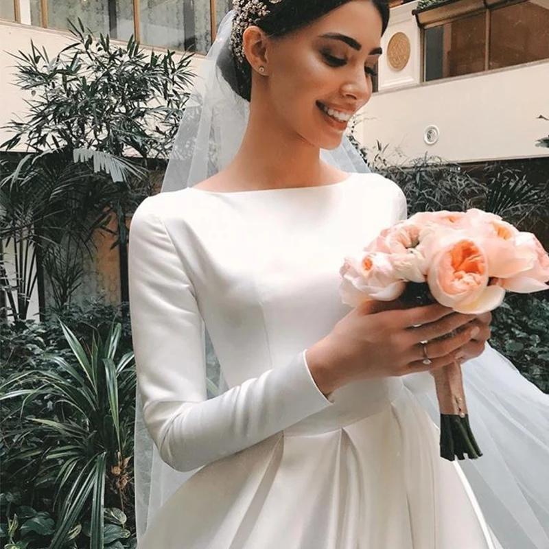 Luolandi Vintage Ivory A-line Wedding Dresses Long Sleeves Satin Bridal Gowns Beautiful