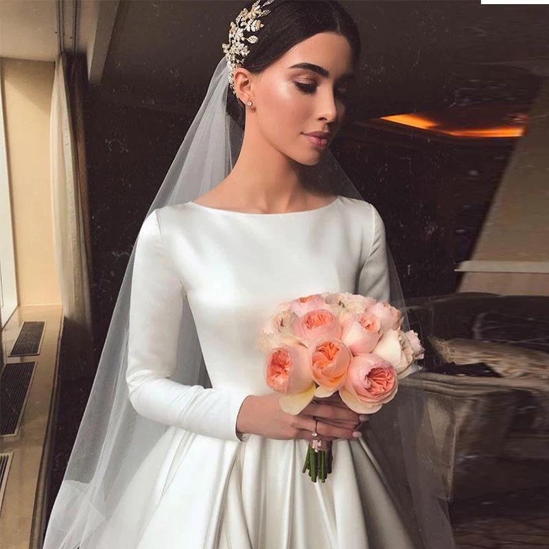 Luolandi Vintage Ivory A-line Wedding Dresses Long Sleeves Satin Bridal Gowns Beautiful