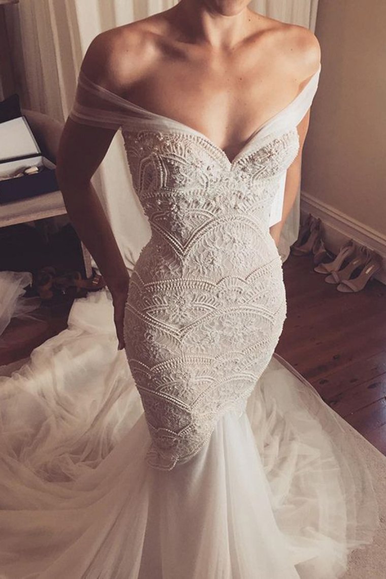 Luolandi New Arrival Off The Shoulder Wedding Dresses Mermaid Tulle & Lace With Beads Sexy