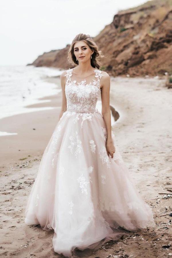 Luolandi Elegant A Line Lace Scoop Tulle Beach Wedding Dresses New Bride Dress Beautiful