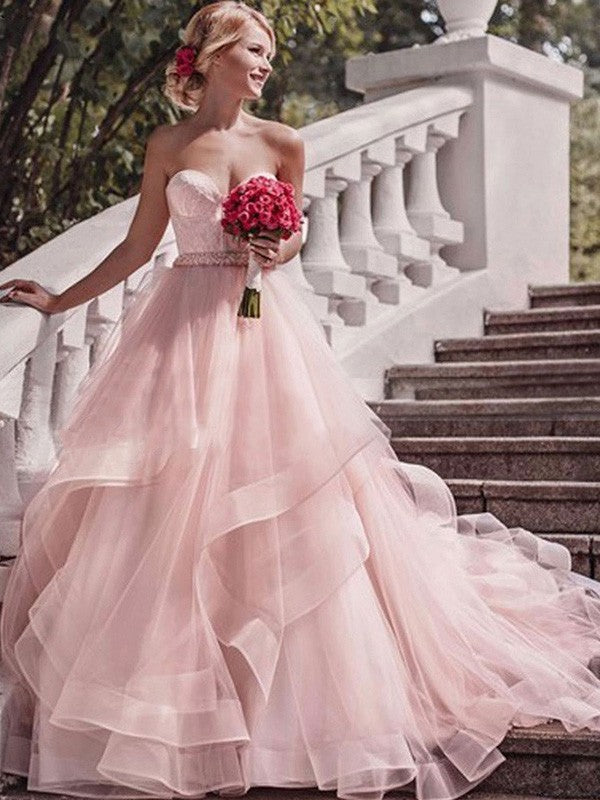 Luolandi Pink Ball Gown Sweetheart Tulle Wedding Dresses Strapless Wedding Gowns Off Shoulder