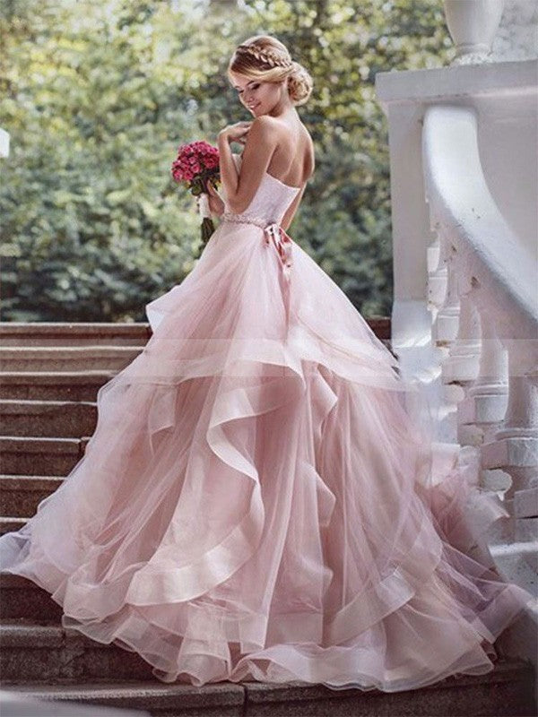 Luolandi Pink Ball Gown Sweetheart Tulle Wedding Dresses Strapless Wedding Gowns Off Shoulder