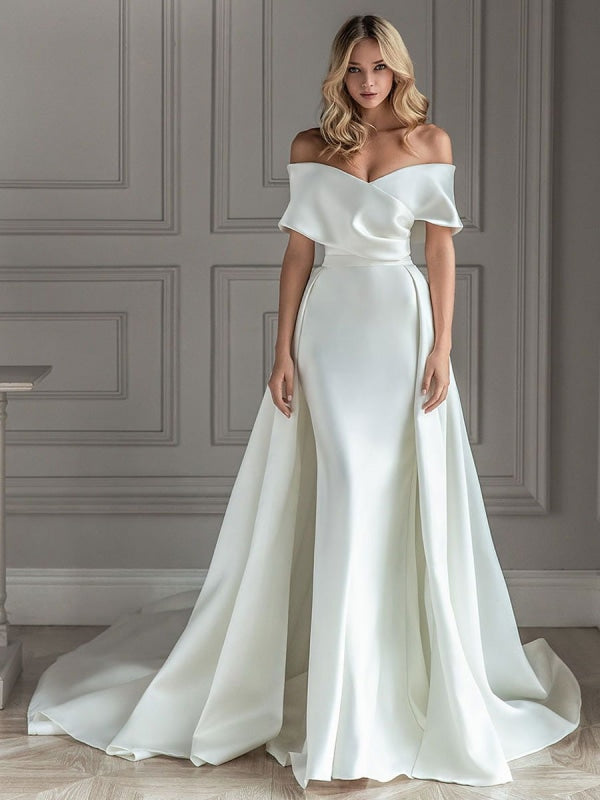 Luolandi Mermaid Off Shoulder Satin Wedding Dresses With Detachable Train Sexy