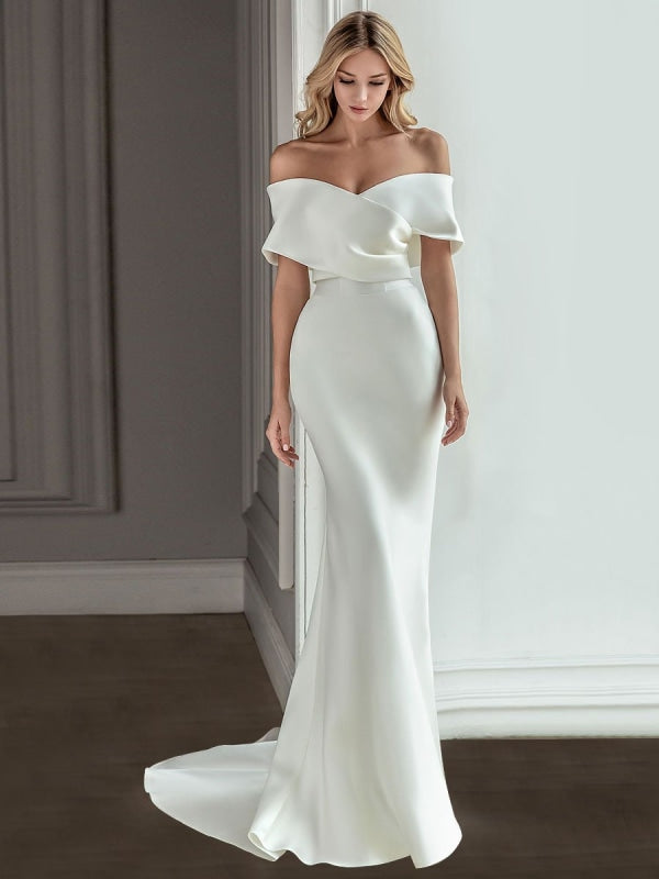 Luolandi Mermaid Off Shoulder Satin Wedding Dresses With Detachable Train Sexy