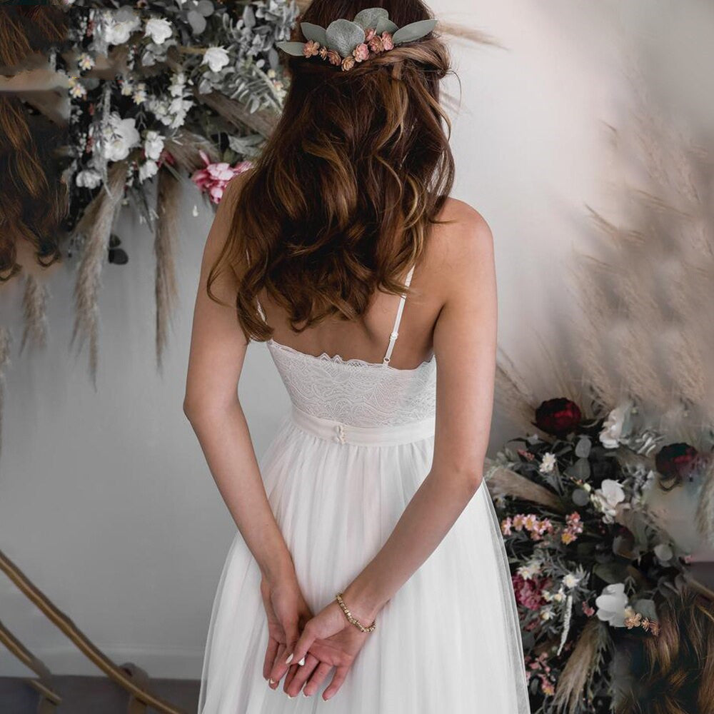 Luolandi Simple Tulle Spaghetti Straps Sweetheart Wedding Dresses With Lace Appliques Beach Bride Gown Sexy