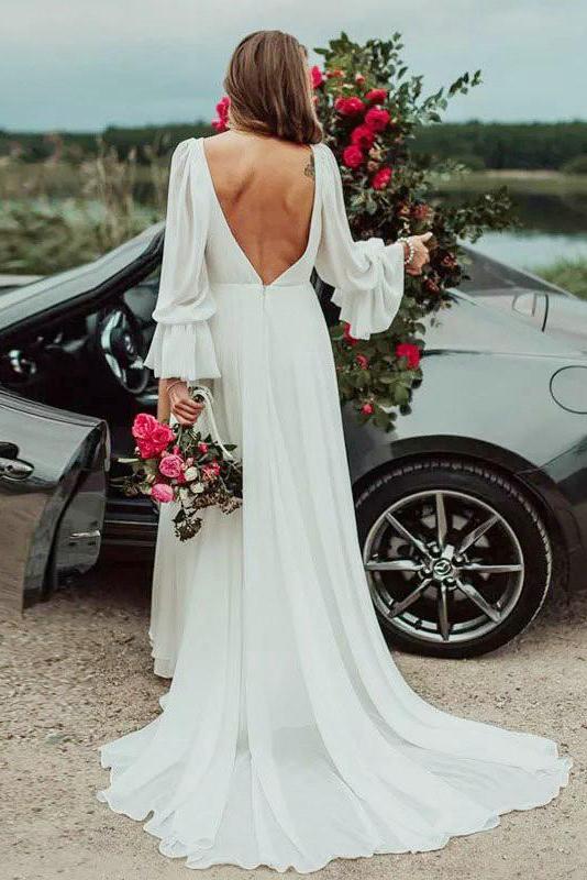 Luolandi Deep V Neck A Line Long Sleeves Wedding Dresses With Slit V Back Long Bridal Gowns Sexy