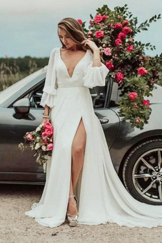 Luolandi Deep V Neck A Line Long Sleeves Wedding Dresses With Slit V Back Long Bridal Gowns Sexy
