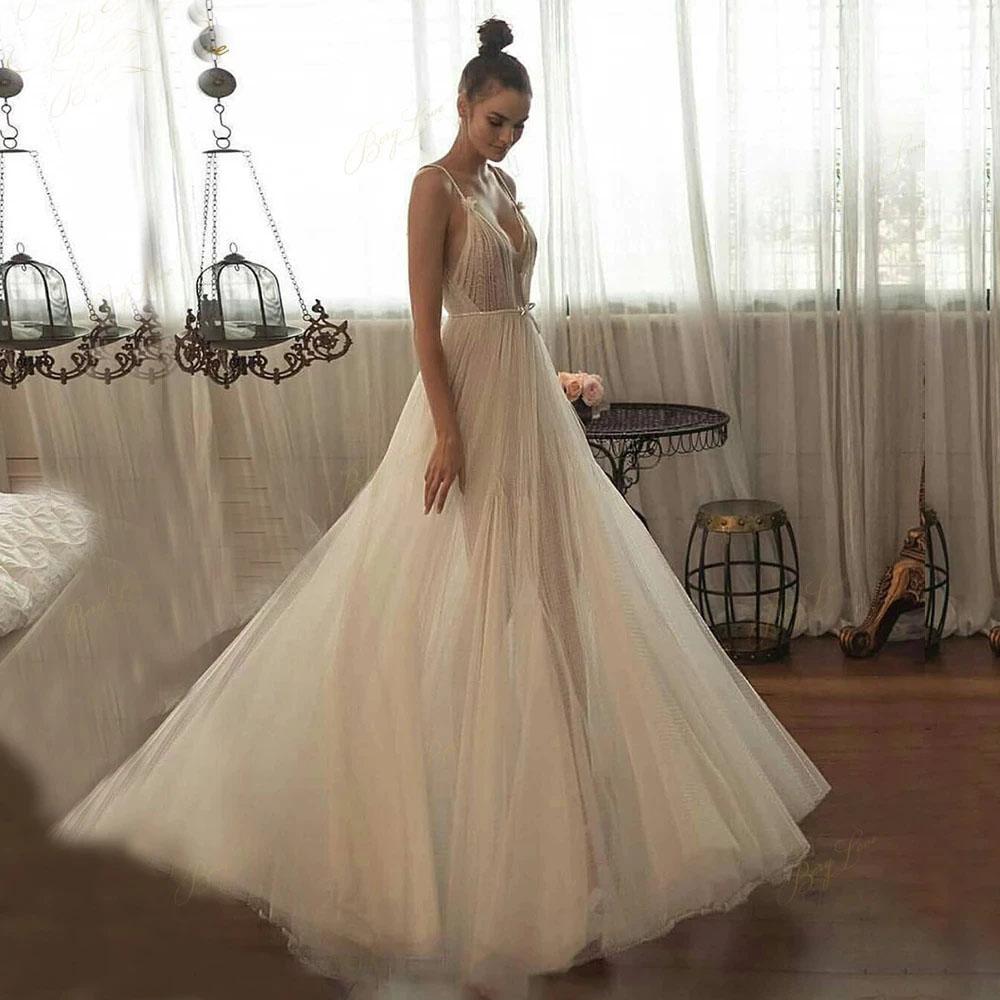 Luolandi Beaded Tulle Skirt Spaghetti Straps Long Wedding Gown Beach A line Illusion Women Bride Dress V-neck
