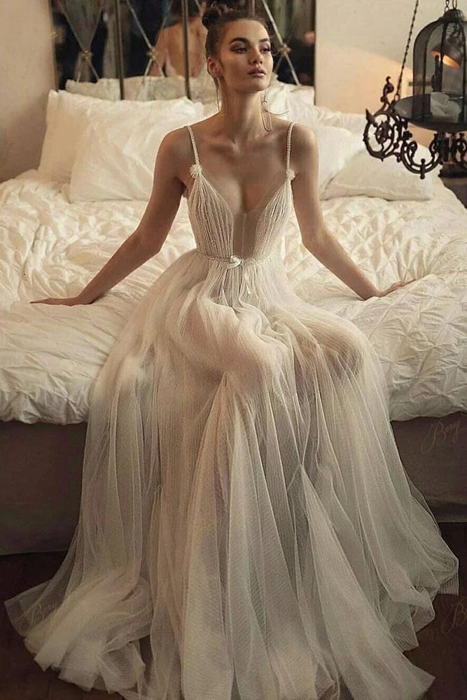 Luolandi Beaded Tulle Skirt Spaghetti Straps Long Wedding Gown Beach A line Illusion Women Bride Dress V-neck