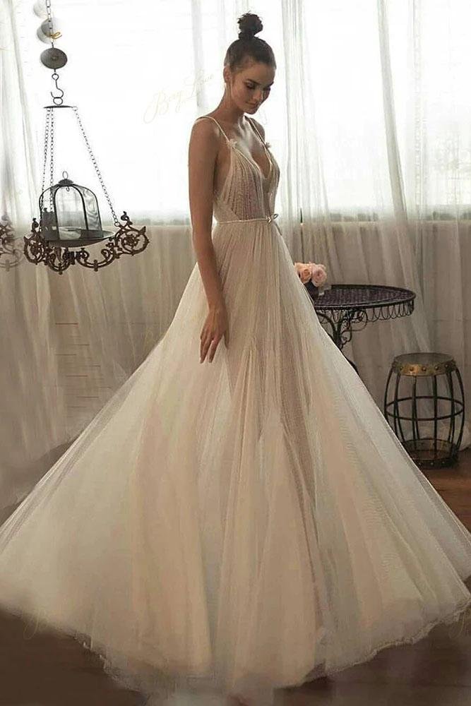 Luolandi Beaded Tulle Skirt Spaghetti Straps Long Wedding Gown Beach A line Illusion Women Bride Dress V-neck