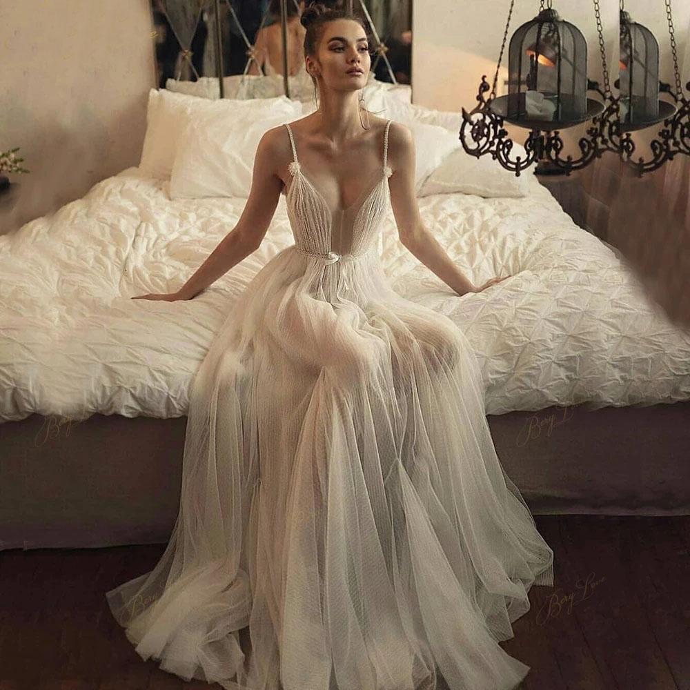 Luolandi Beaded Tulle Skirt Spaghetti Straps Long Wedding Gown Beach A line Illusion Women Bride Dress V-neck