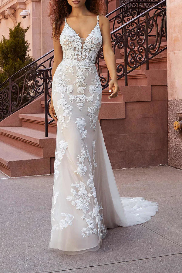 Luolandi Fine shoulder strap lace decal court dress with fishtail wedding dress Beautiful