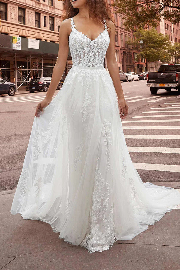 Luolandi Thin shoulder strap V-neck fishtail wedding dress with detachable hem and lace bridal gown Beautiful