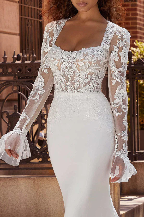 Luolandi Fishtail Wedding Dress Square Neck Long Sleeve Bohemian Style Wedding Dress Beautiful