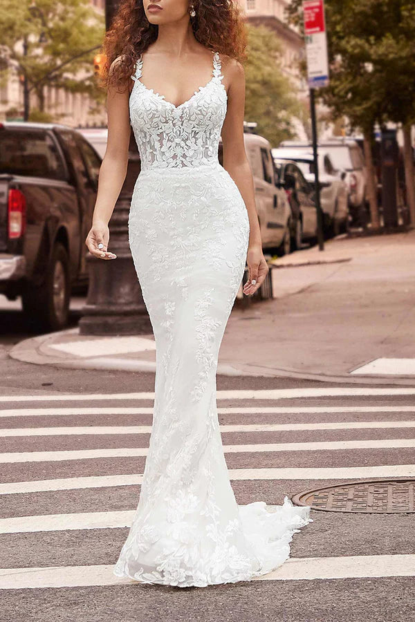 Luolandi Thin shoulder strap V-neck fishtail wedding dress with detachable hem and lace bridal gown Beautiful