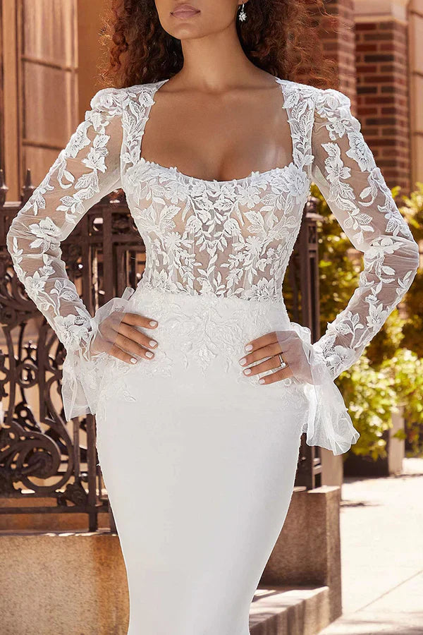 Luolandi Fishtail Wedding Dress Square Neck Long Sleeve Bohemian Style Wedding Dress Beautiful