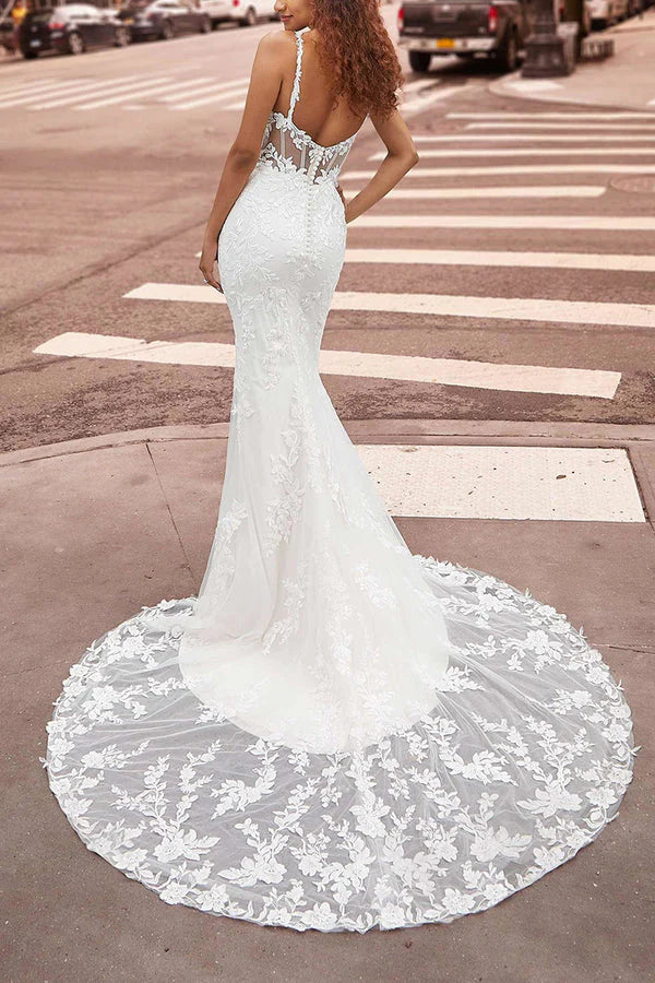Luolandi Thin shoulder strap V-neck fishtail wedding dress with detachable hem and lace bridal gown Beautiful