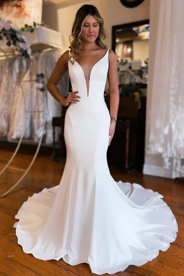 Luolandi Boho Backless Simple Mermaid Long Wedding Dress V-neck Open Back Sexy