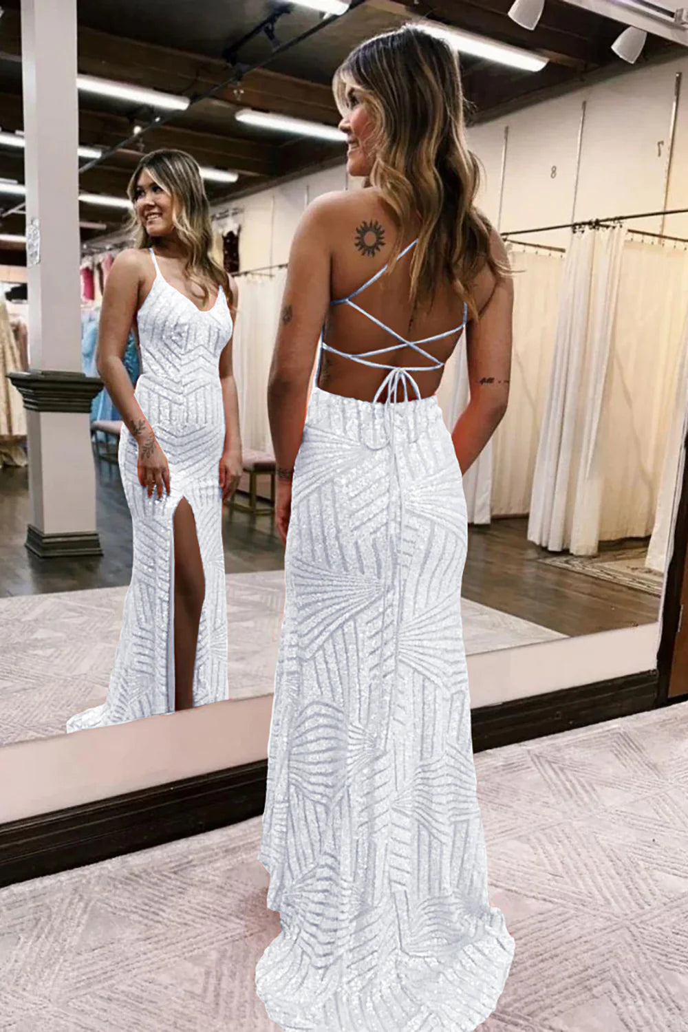 Luolandi Grey Blue Sequins V-Neck Spaghetti Straps Prom Dress With Slit Sparkly