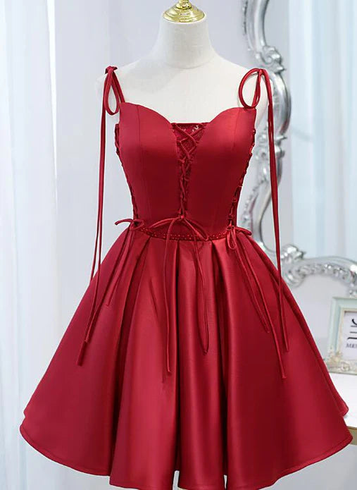 Luolandi Lovely Satin V-neckline Straps Beaded Short Prom Dress A Line Cute Homecoming Dress Sweet Birthday Party Dress