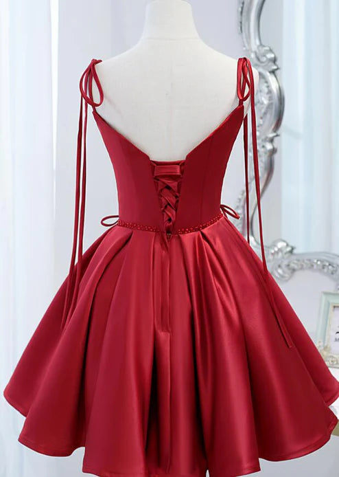 Luolandi Lovely Satin V-neckline Straps Beaded Short Prom Dress A Line Cute Homecoming Dress Sweet Birthday Party Dress