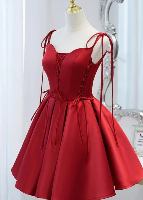 Luolandi Lovely Satin V-neckline Straps Beaded Short Prom Dress A Line Cute Homecoming Dress Sweet Birthday Party Dress