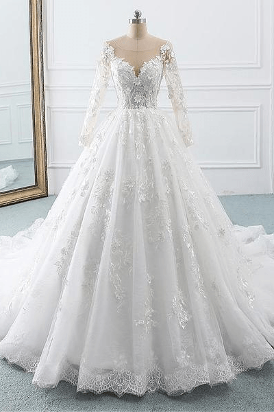 Luolandi A Line Wedding Dresses Long Sleeves With Applique Tulle Covered Button Sweep Train Beautiful