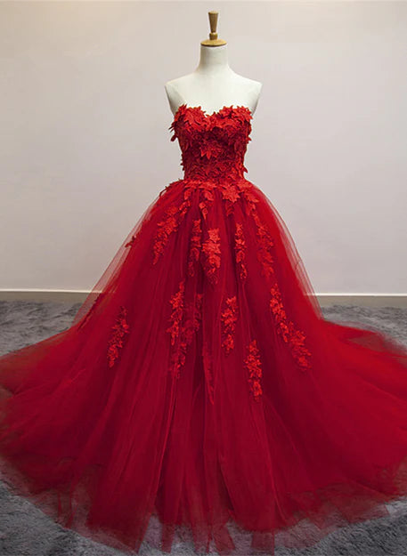 Luolandi Red Sweetheart Tulle with Applique Party Dress Tulle Formal Gowns Floor Length Prom Dress