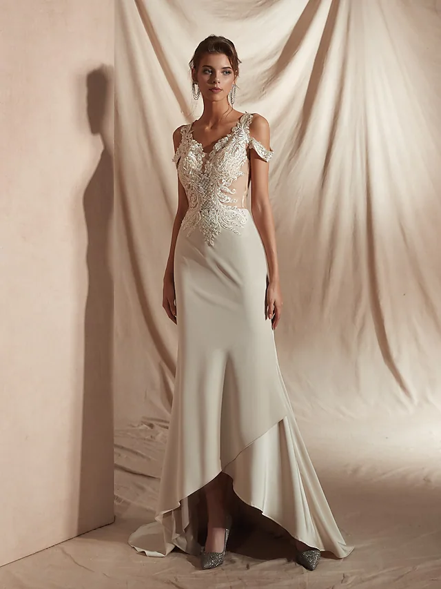 Luolandi Mermaid Trumpet Wedding Dresses V Neck Asymmetrical Matte Satin Short Sleeve Casual Sexy Illusion Detail Modern