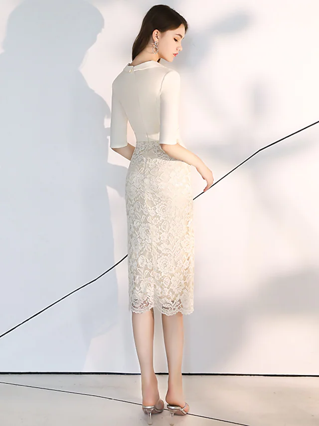 Luolandi Elegant bodycon Homecoming Cocktail Party Dress V Neck Half Sleeve Knee Length Lace Fabric with Sash