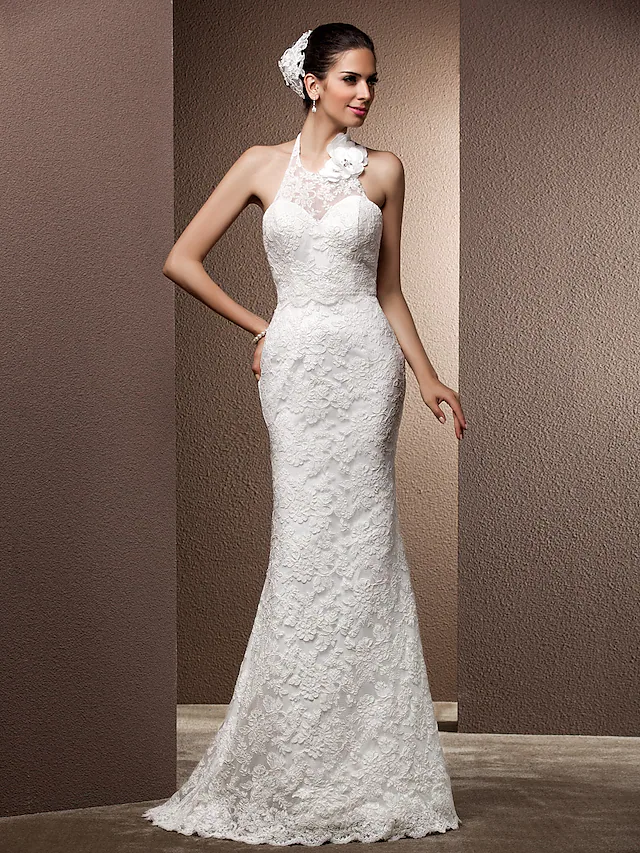 Luolandi Wedding Dresses Halter Neck Lace Regular Straps Open Back with Beading Flower