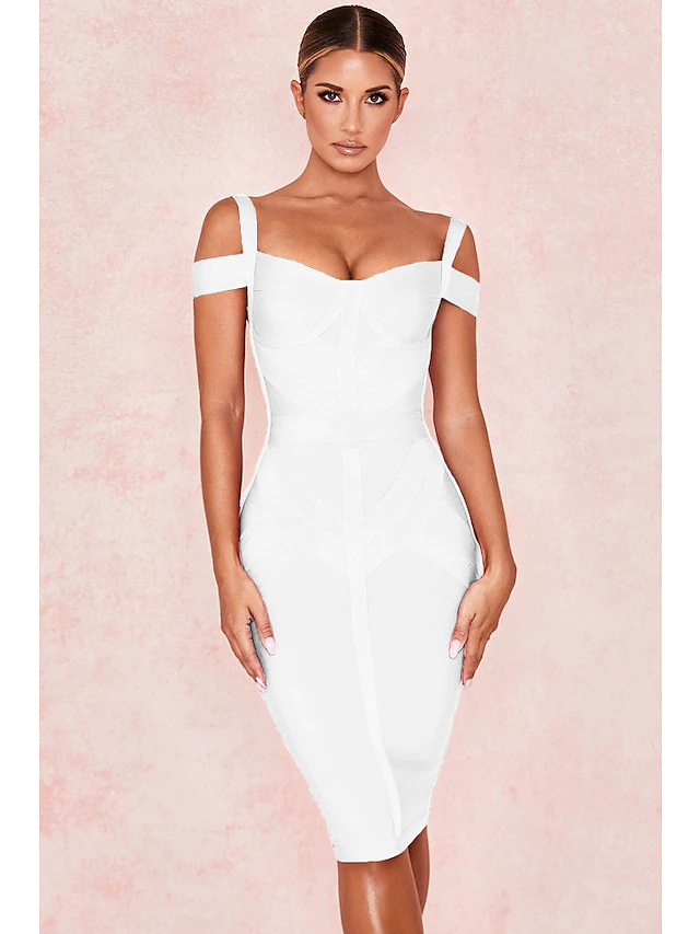 Luolandi Hot Sexy Party Wear Cocktail Party Valentine's Day Dress Off Shoulder Sleeveless Knee Length Spandex