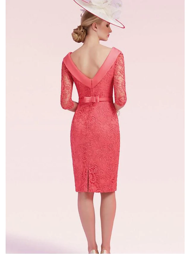 Luolandi Mother of the Bride Dress Plus Size Bateau Neck Knee Length Lace Satin Half Sleeve with Sash Ribbon Bow(s) Split