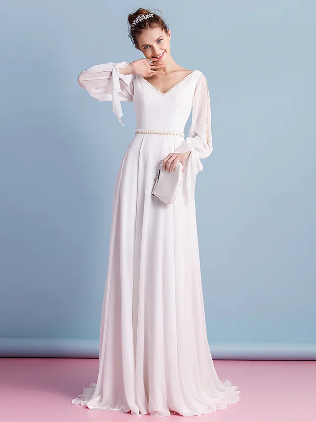 Luolandi Wedding Dresses V Neck Court Train Chiffon Long Sleeve with Beading Pure Color