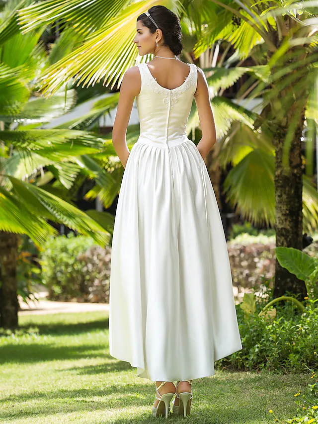 Luolandi A-Line Wedding Dresses Scoop Neck Asymmetrical Satin Sleeveless with Beading Appliques Pocket