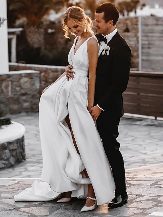 Luolandi A-Line Wedding Dresses V Neck Court Train Satin Sleeveless Simple Sexy with Sashes Ribbons