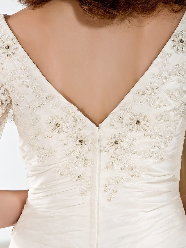 Luolandi Ball Gown Wedding Dresses V Neck Chapel Train Taffeta Half Sleeve See-Through with Ruched Beading