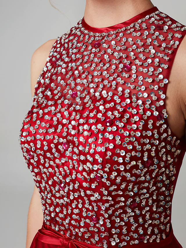 Luolandi A-Line Sparkle & Shine High Low Keyhole Cocktail Party Prom Dress Jewel Neck Sleeveless Asymmetrical Satin Tulle with Bow(s)