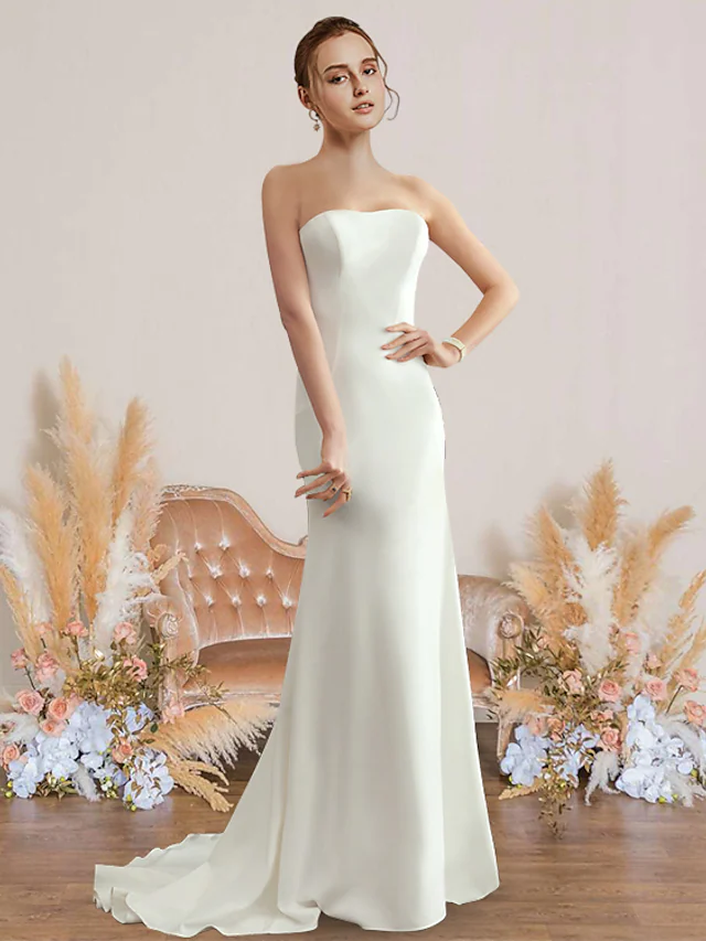 Luolandi Wedding Dresses Strapless Chiffon Sleeveless Simple Sexy Backless Pure Color