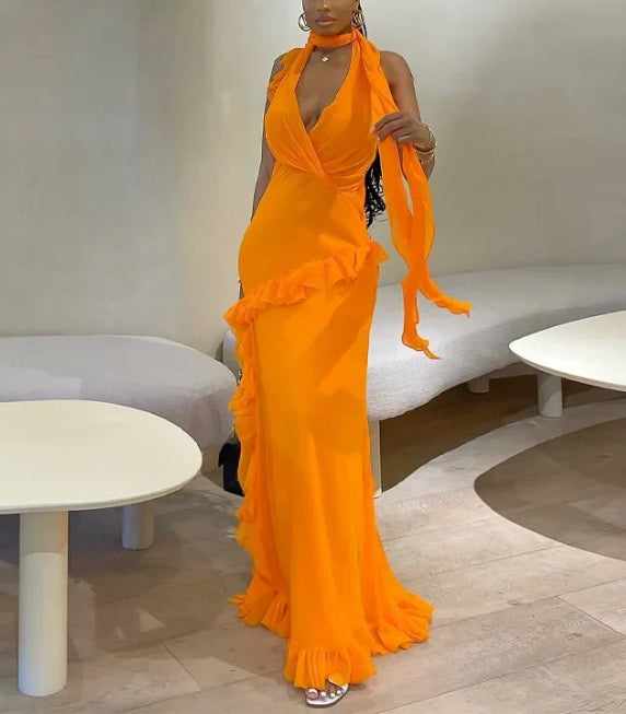 Luolandi Ruffles Halter Sexy V Neck Backless Maxi Party Dresses Vacation Outfits Evening Dress