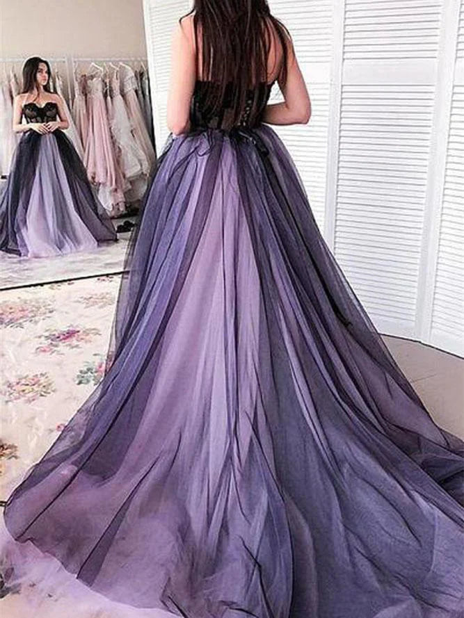 Luolandi Sweetheart Tulle Prom Dresses A-line Appliqued Evening Gowns Off Shoulder Floor Length