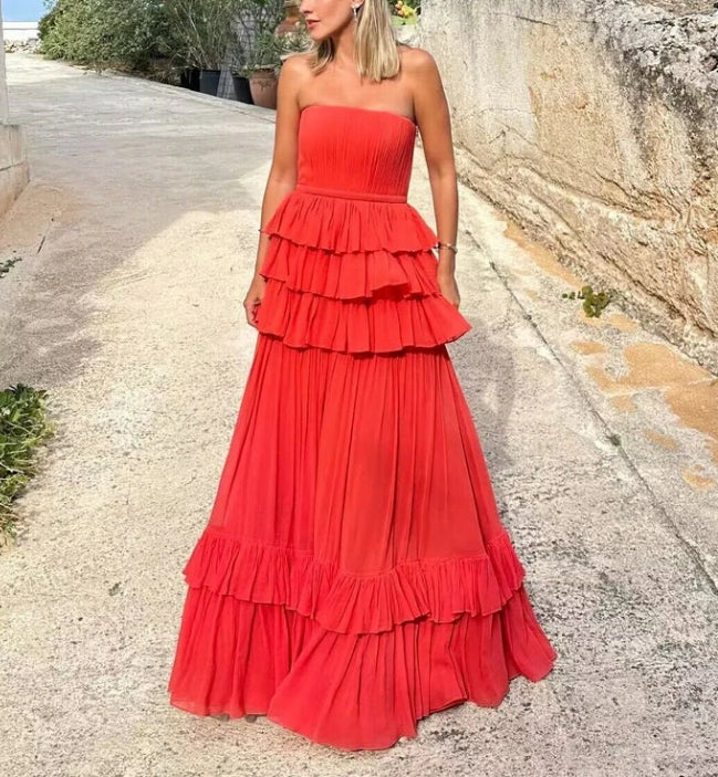 Luolandi A-Line Strapless Layers Elegant Long Party Dress Off Shoulder Elegant Evening Dress